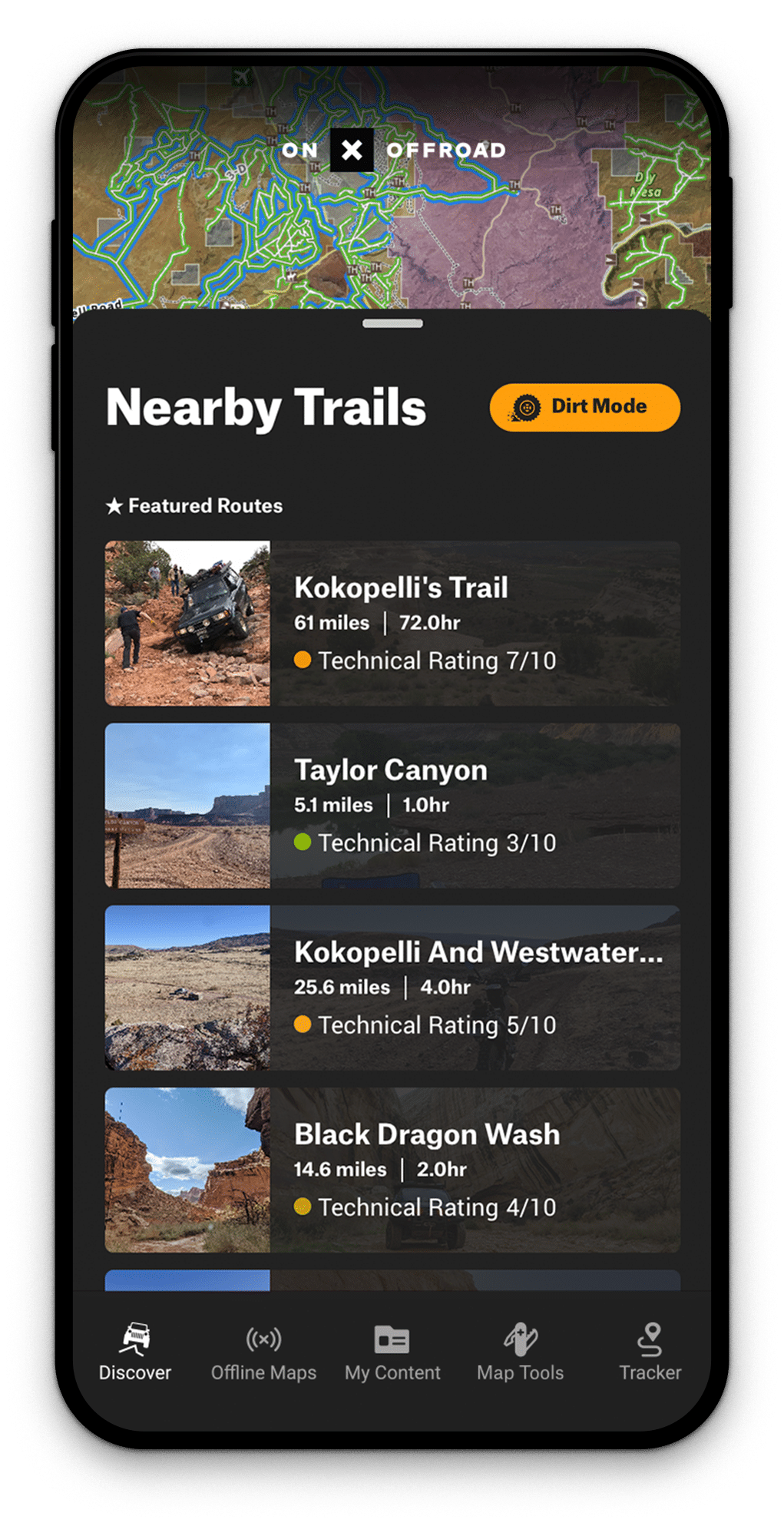 Mobile app interface displaying offroad trail information, including trail names, distances, expected duration, and technical ratings, with a map background and menu options at the bottom.