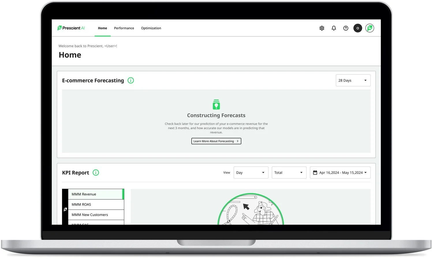 Prescient AI software dashboard on laptop screen showing e-commerce forecasting and KPI report sections.