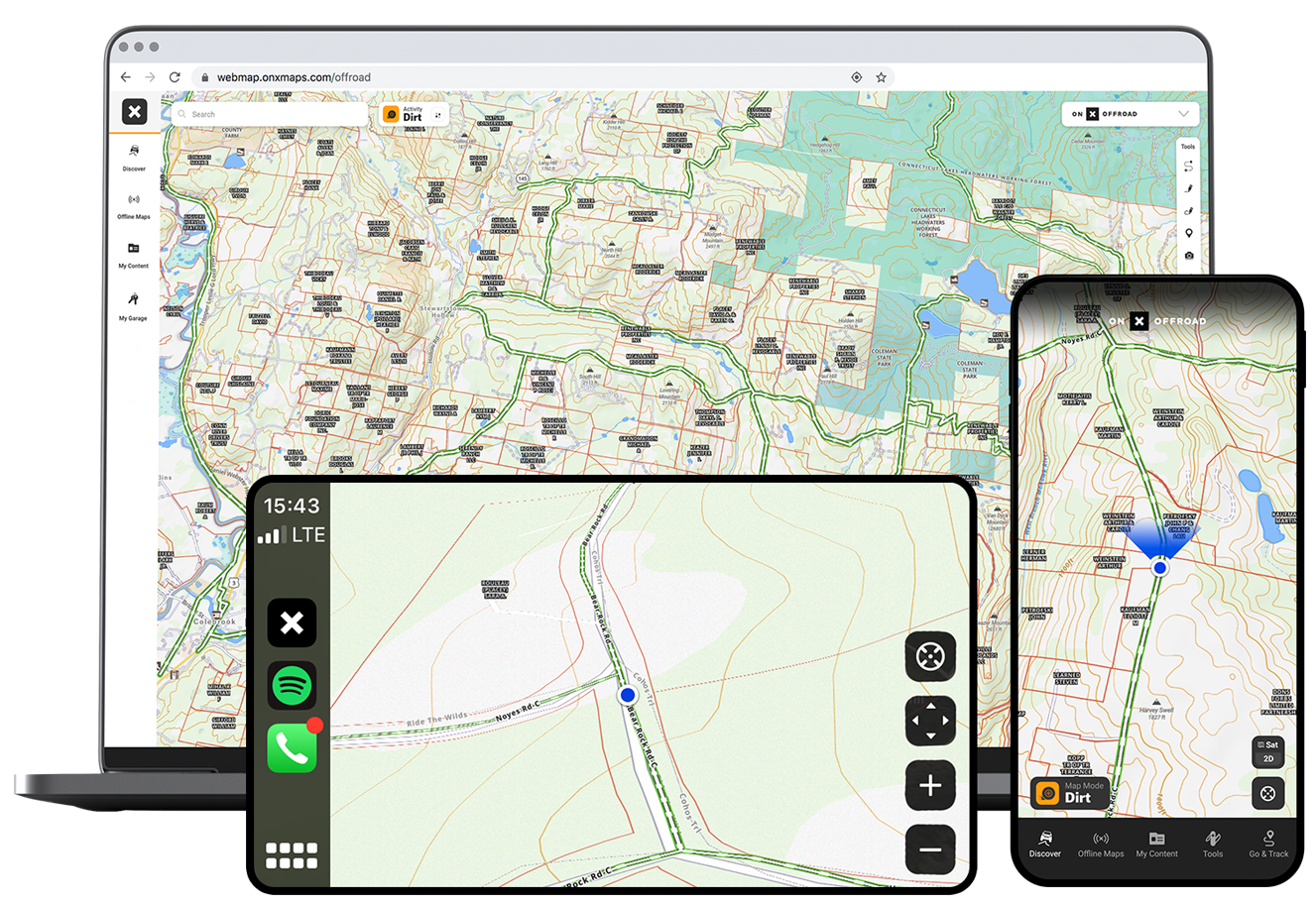 Digital screens displaying topographic maps with routes and trails, website and mobile app interfaces for navigation.