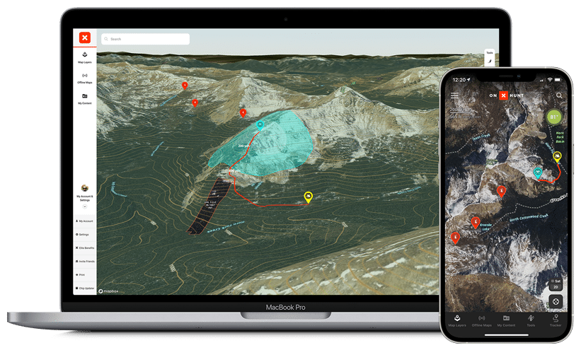 Digital mapping software displayed on MacBook Pro and smartphone, showing topographic maps with routes and markers.