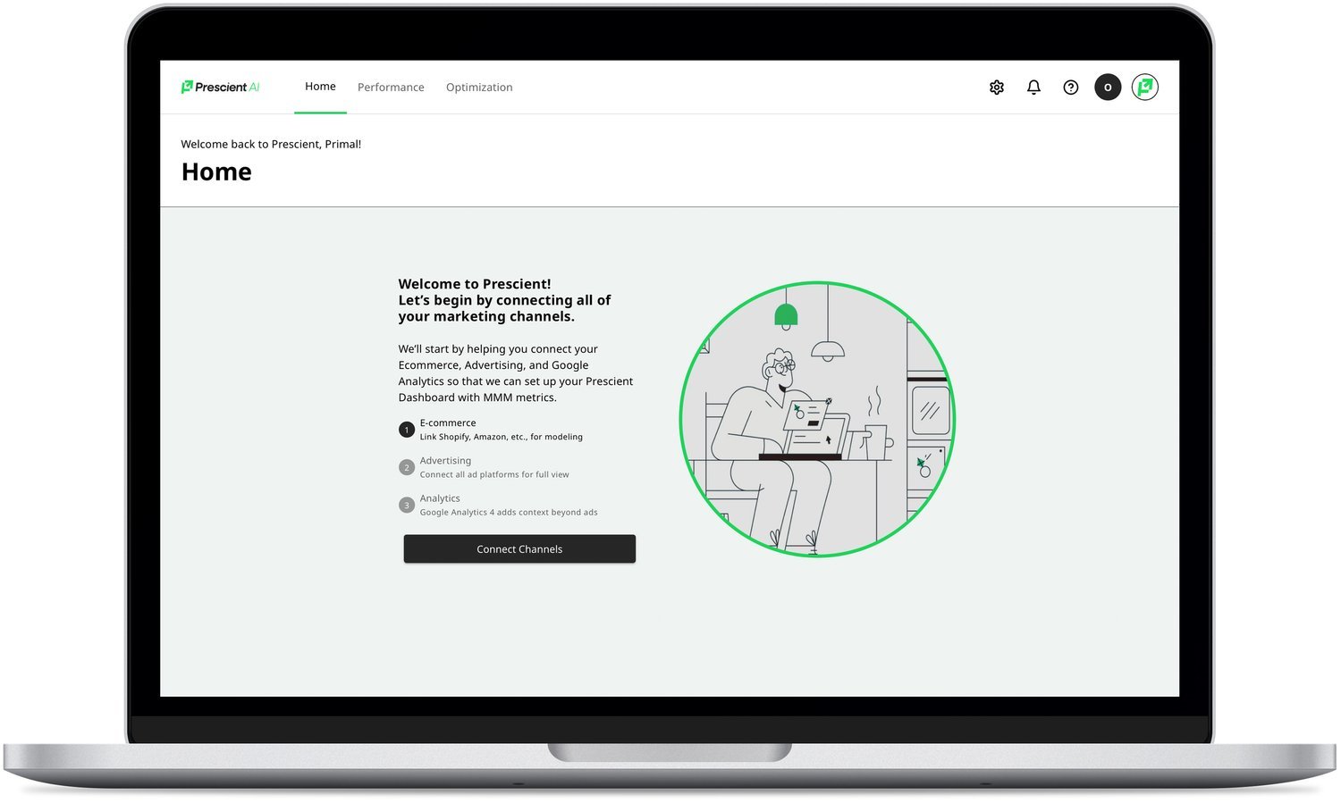 Laptop screen displaying Prescient AI homepage with options to connect marketing channels for e-commerce, advertising, and analytics.