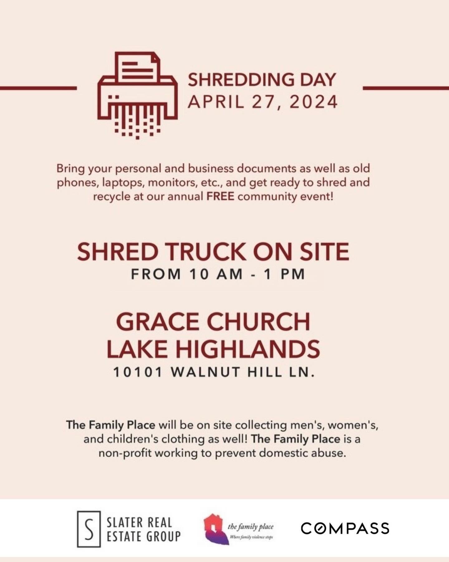 Tomorrow is the day! 🙌🎉🗓️ The FREE Community Shred Event hosted by The Slater Real Estate Group will be happening &ldquo;rain or shine!&rdquo; 😎☔️ Bring your papers, electronics and clothes to donate to The Family Place and all trucks will be on 