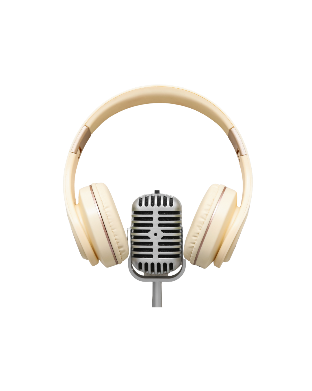 Young woman with short brown hair and pink headphones smiling and looking at her smartphone while sitting on a gray sofa.