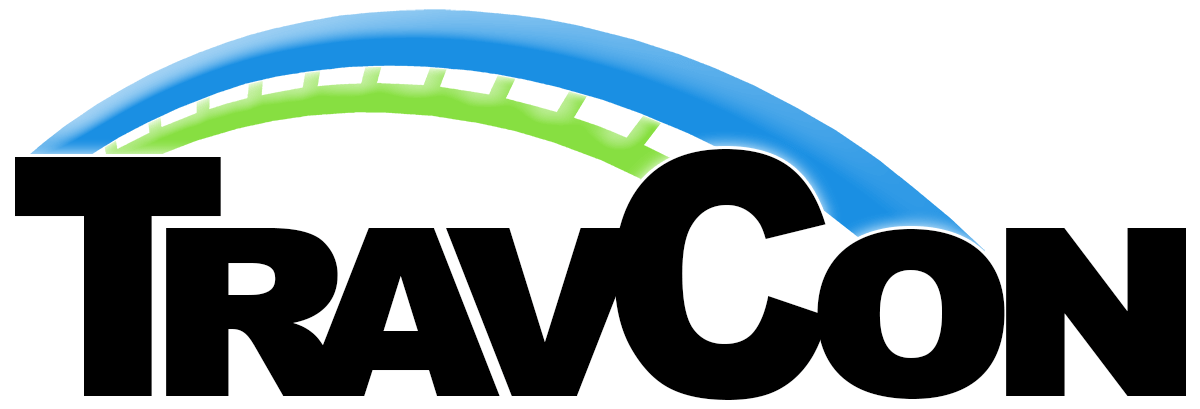 Logo of TravoCon with a stylized icon of a speedometer or gauge above the text.