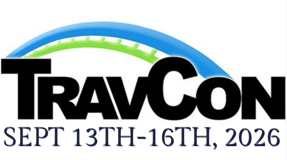 Logo for TRAVCON event from September 13 to 16, 2026, with a stylized gauge or speedometer graphic in blue and green.