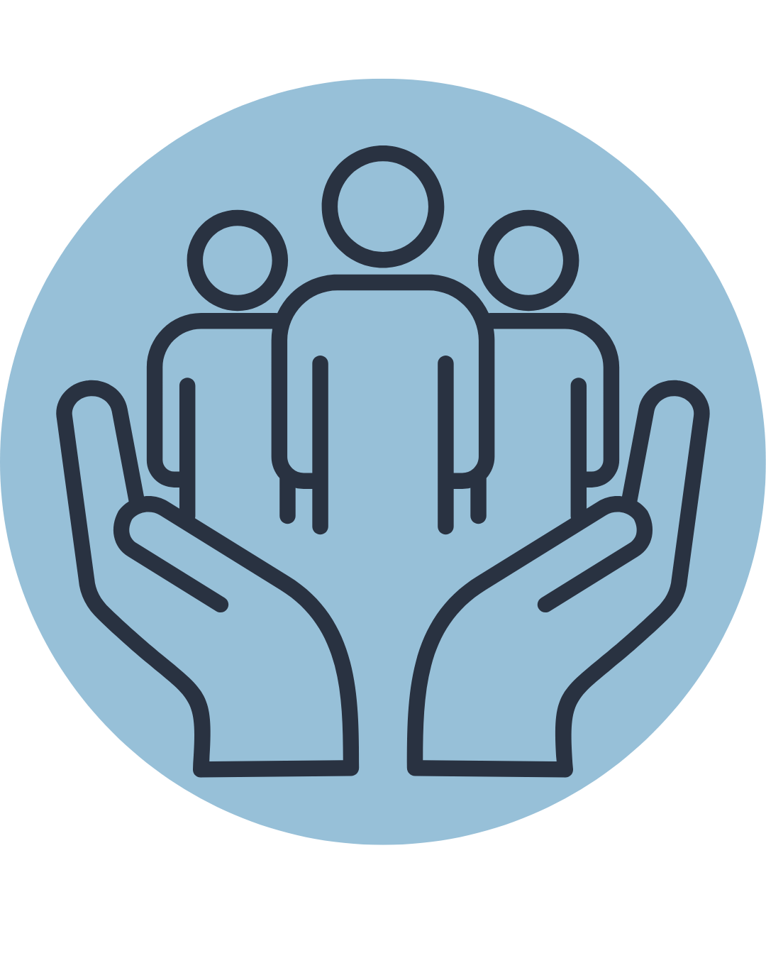 Illustration of two hands holding three simplified human figures, representing care or support for people.