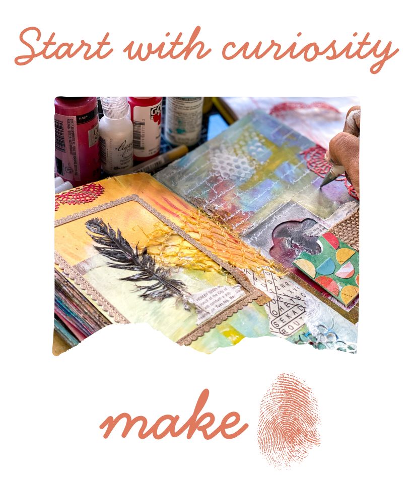 Close-up of a mixed media art journal with textured paint, collage elements, and a feather, with art supplies like paint bottles and pens nearby.