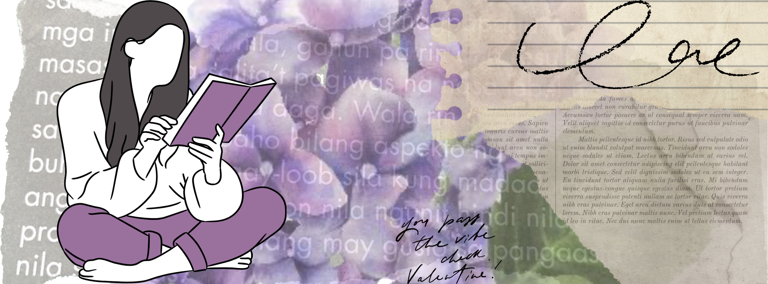 A collage featuring a black and white illustration of a girl reading a book, with long dark hair, sitting cross-legged in a relaxed pose, overlaid on a background of purple flowers, handwritten text, and printed text in various languages.