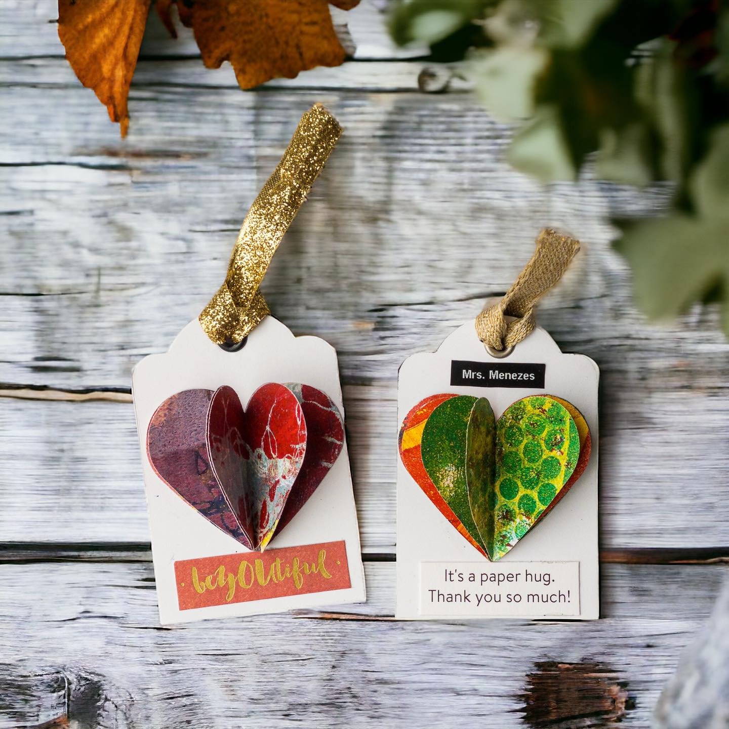 Even if you don't consider yourself a bonafide painter or artist, I know that you can make #mybucketfillers look amazing with simple techniques like these. All you need is some colored paper (I used gel plate prints here), a blank tag and a heart pun