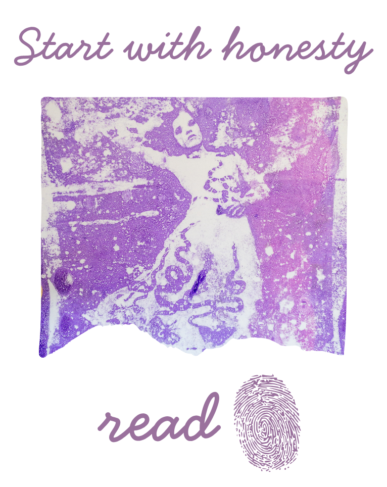 A stylized purple and white image of a boy with arms outstretched, standing among abstract background patterns.