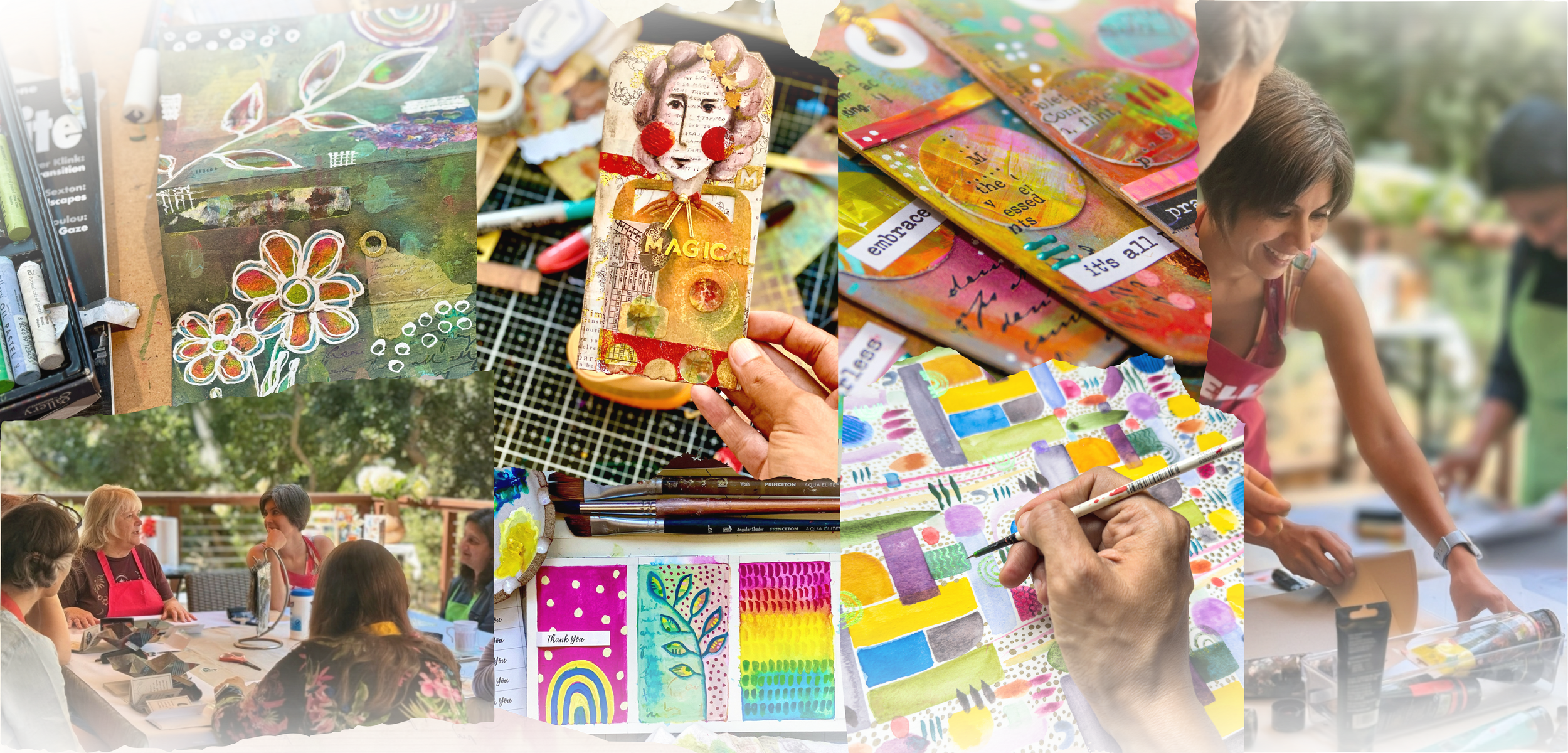 Collection of images from an art workshop, featuring people creating mixed media art projects, painting, discussing artwork, and various colorful art supplies and finished artworks.