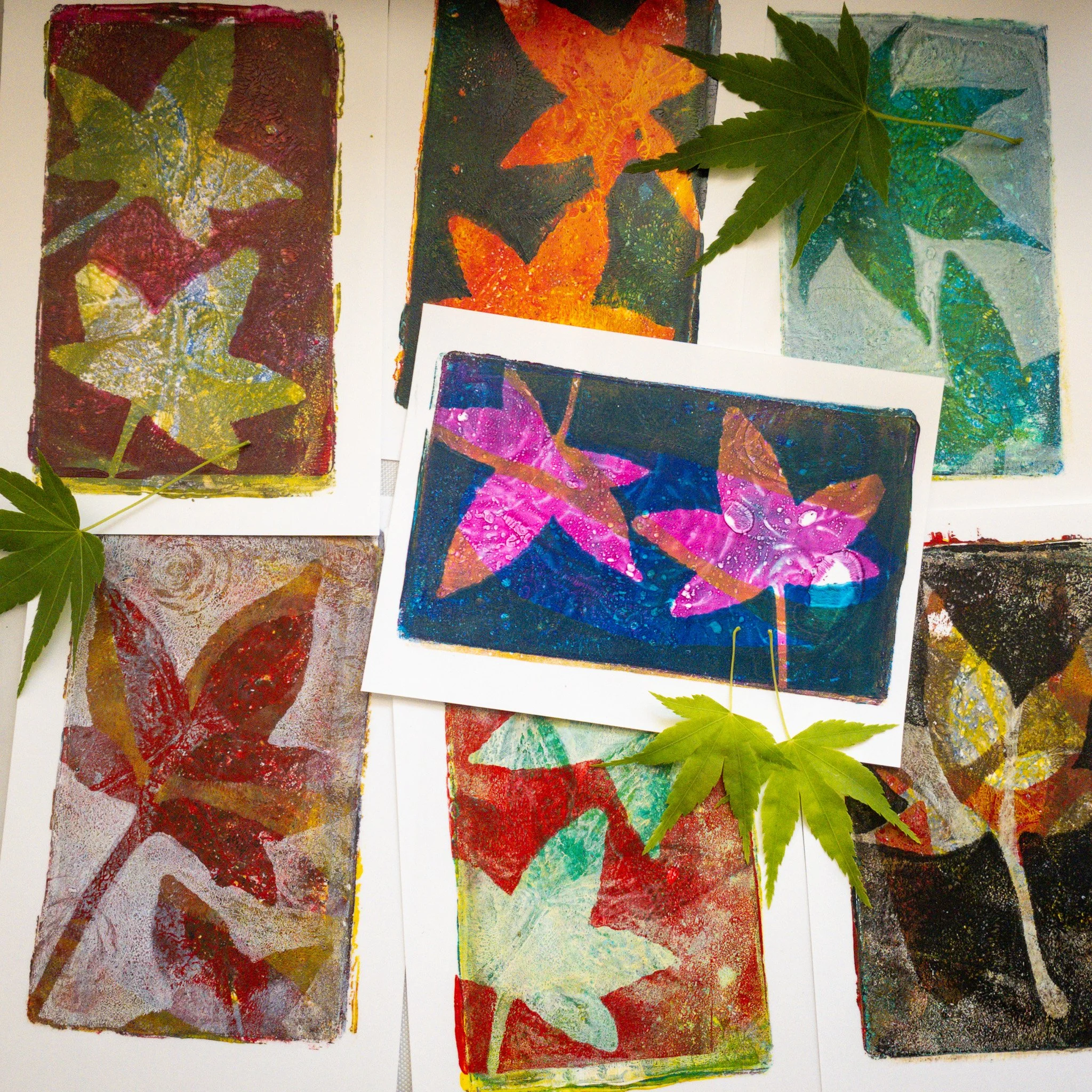 Botanical Layering with a Gel Plate — Leaves pressed into paint, layers built without a plan, prints that surprise you every time.