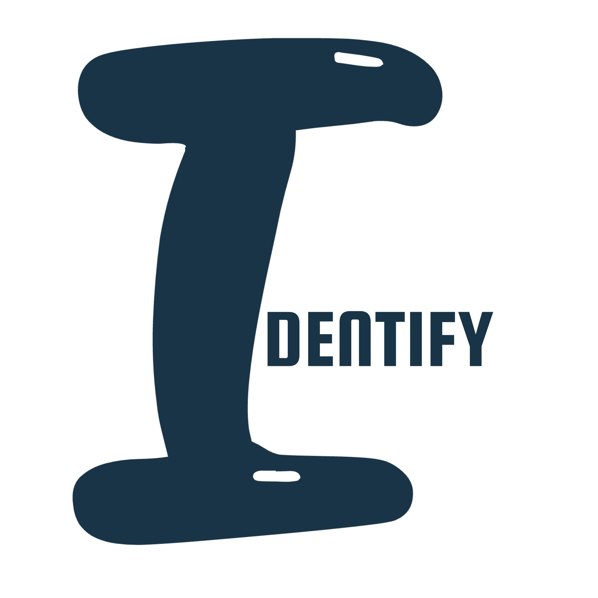 Black and white sketch of a fingerprint scanner with the word 'IDENTIFY' in blue to the right.