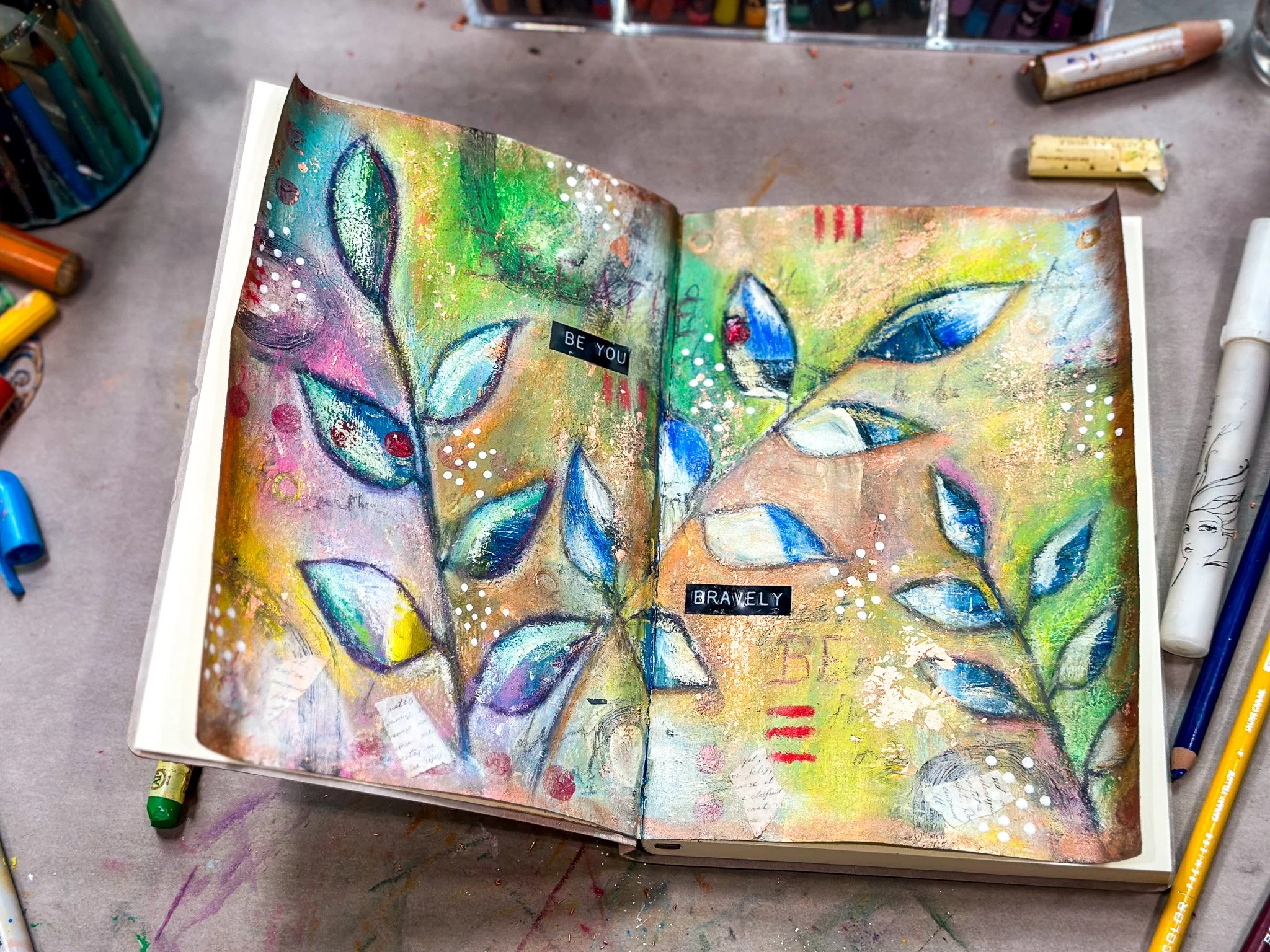 Be You, Bravely: A Journal Page. Going through every phase — blank, chaotic, ugly, layered, surprising — until it becomes something that didn't exist when I sat down.