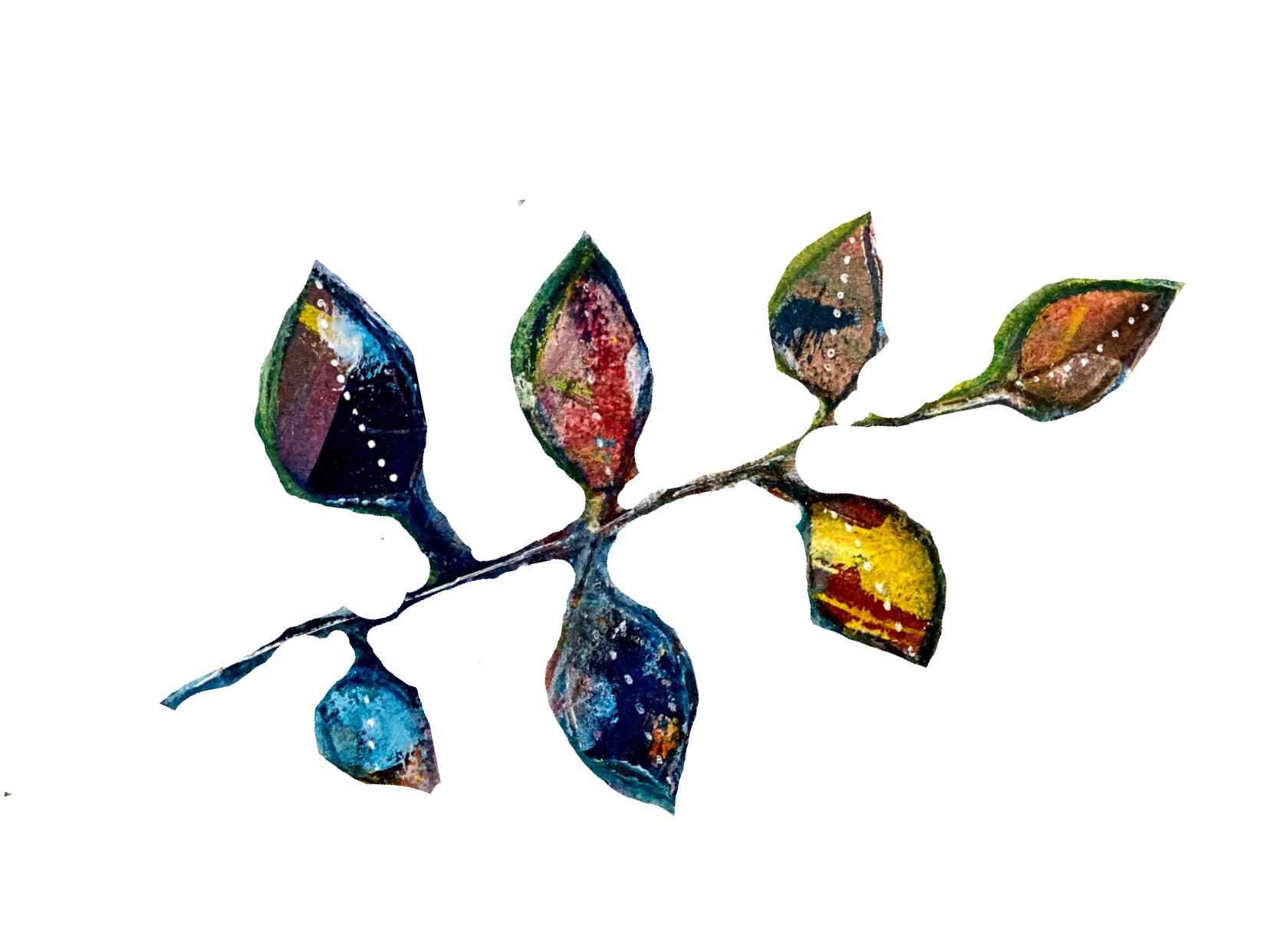 Colorful, abstract stained glass in the shape of a flower with five petals on a black background.