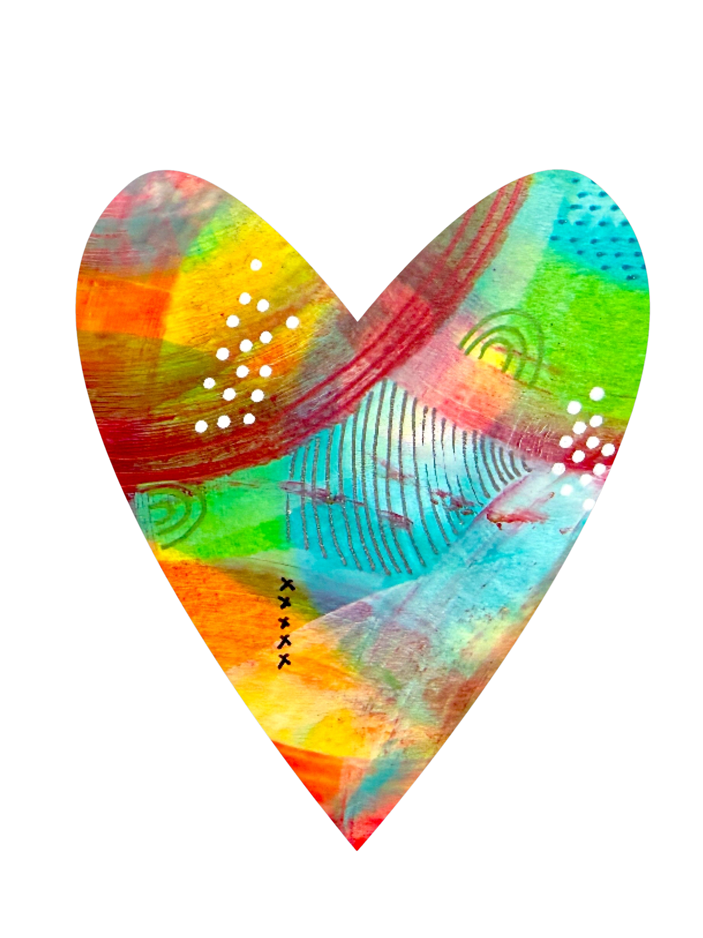 Colorful abstract watercolor painting of a heart with various patterns and textures.