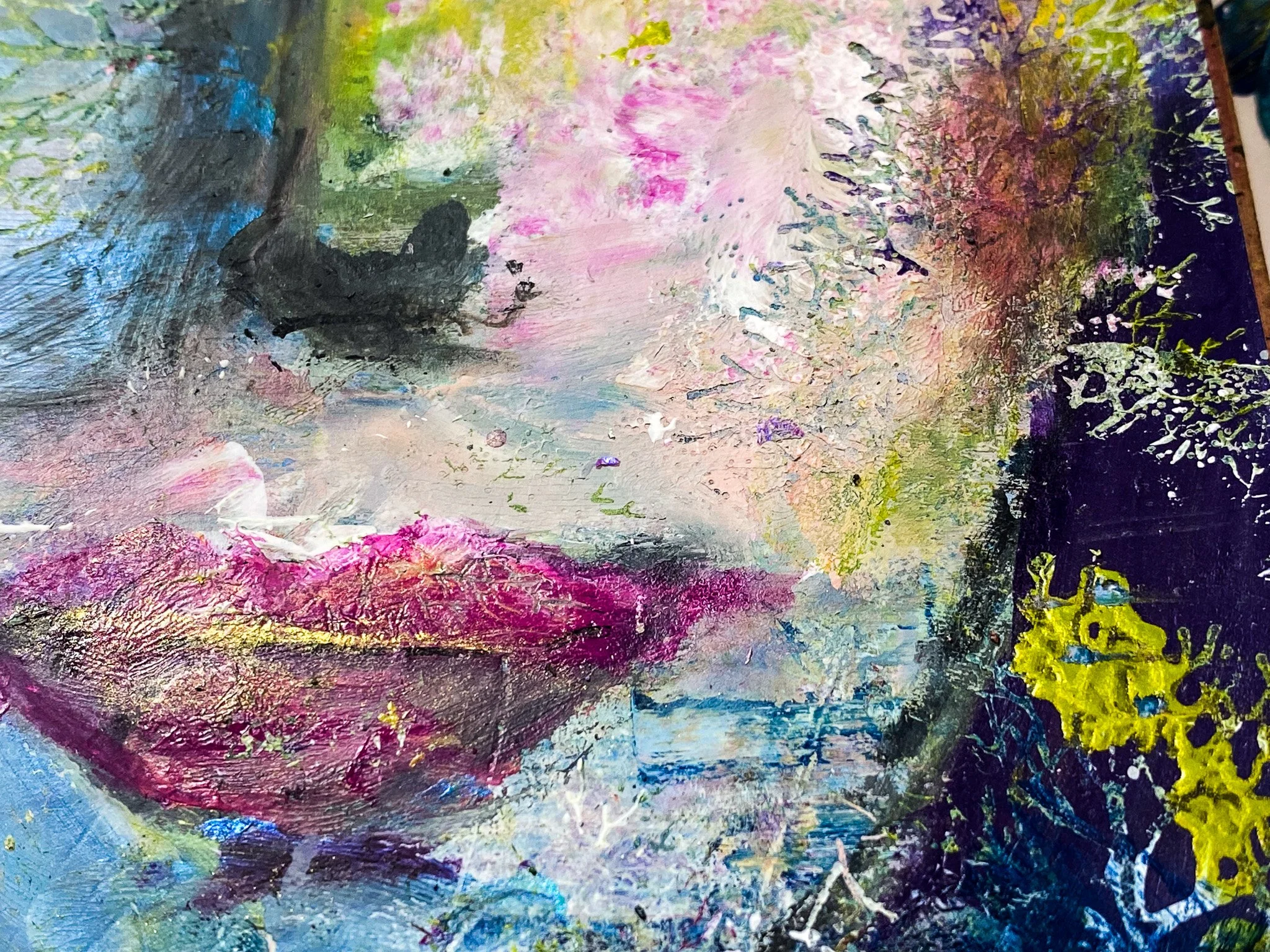 Abstract painting with a mix of colors including pink, yellow, blue, green, and black, created with textured brushstrokes and splatters.