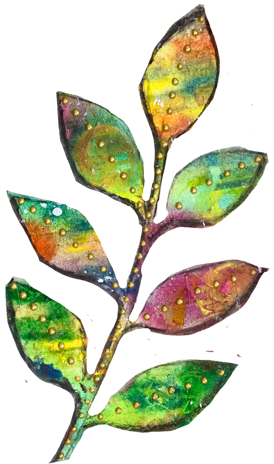 Colorful artificial branch with painted leaves decorated with small gold beads.