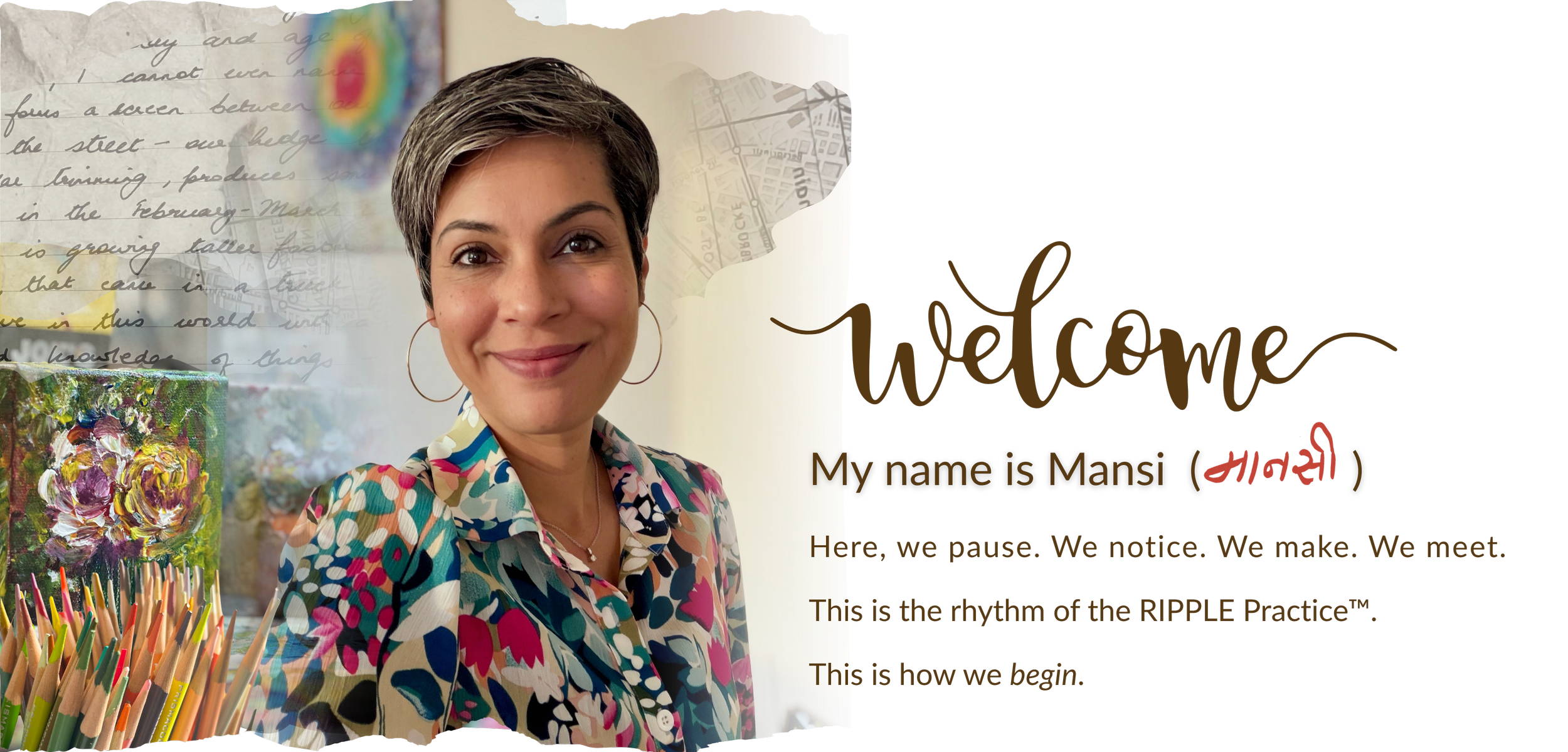 Photo of a woman with short hair, wearing a colorful, patterned blouse, smiling at the camera, surrounded by books, art supplies, and a welcoming sign that says "welcome" in stylized script.