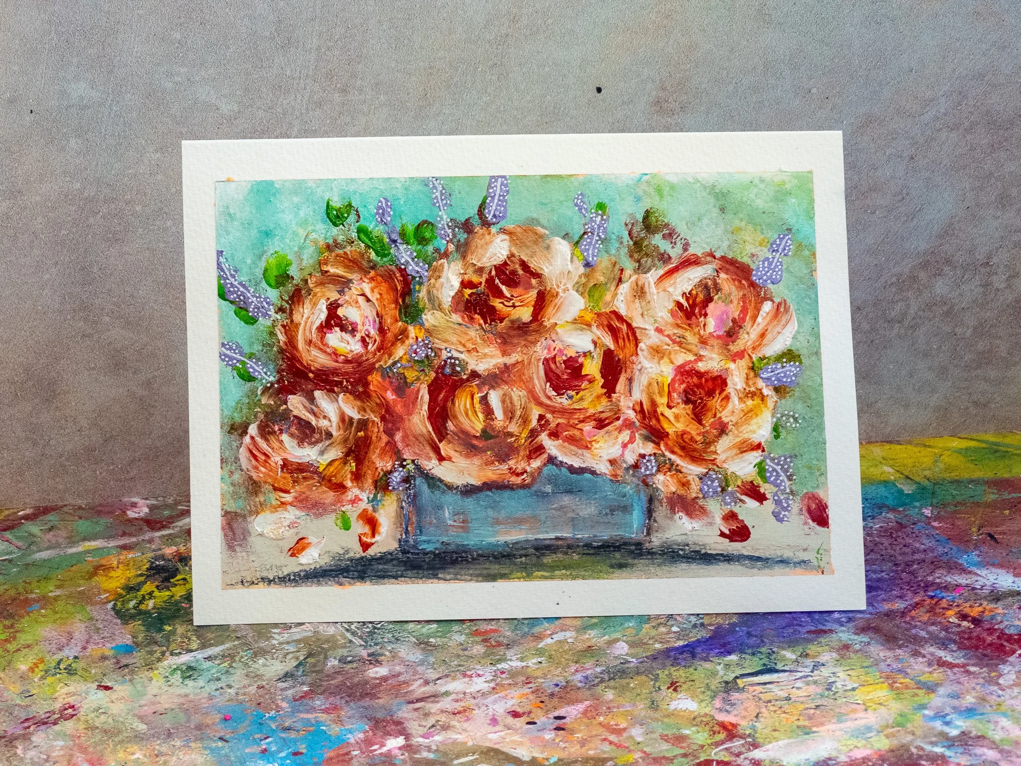 Fingerpainting: a primer — Three anniversary cards, bare hands, no plan. The third one is the best because by then I'd stopped caring.