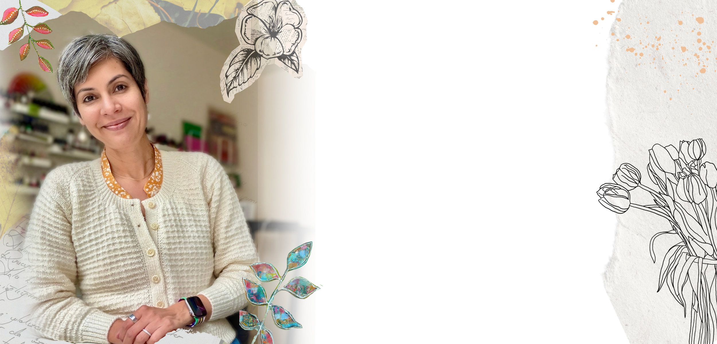 A woman with short gray hair smiling at the camera, wearing a cream-colored knitted sweater with a floral patterned collar and wristwatch, sitting in a room with blurred shelves in the background, surrounded by illustrated flowers and leaves on a textured collage background.