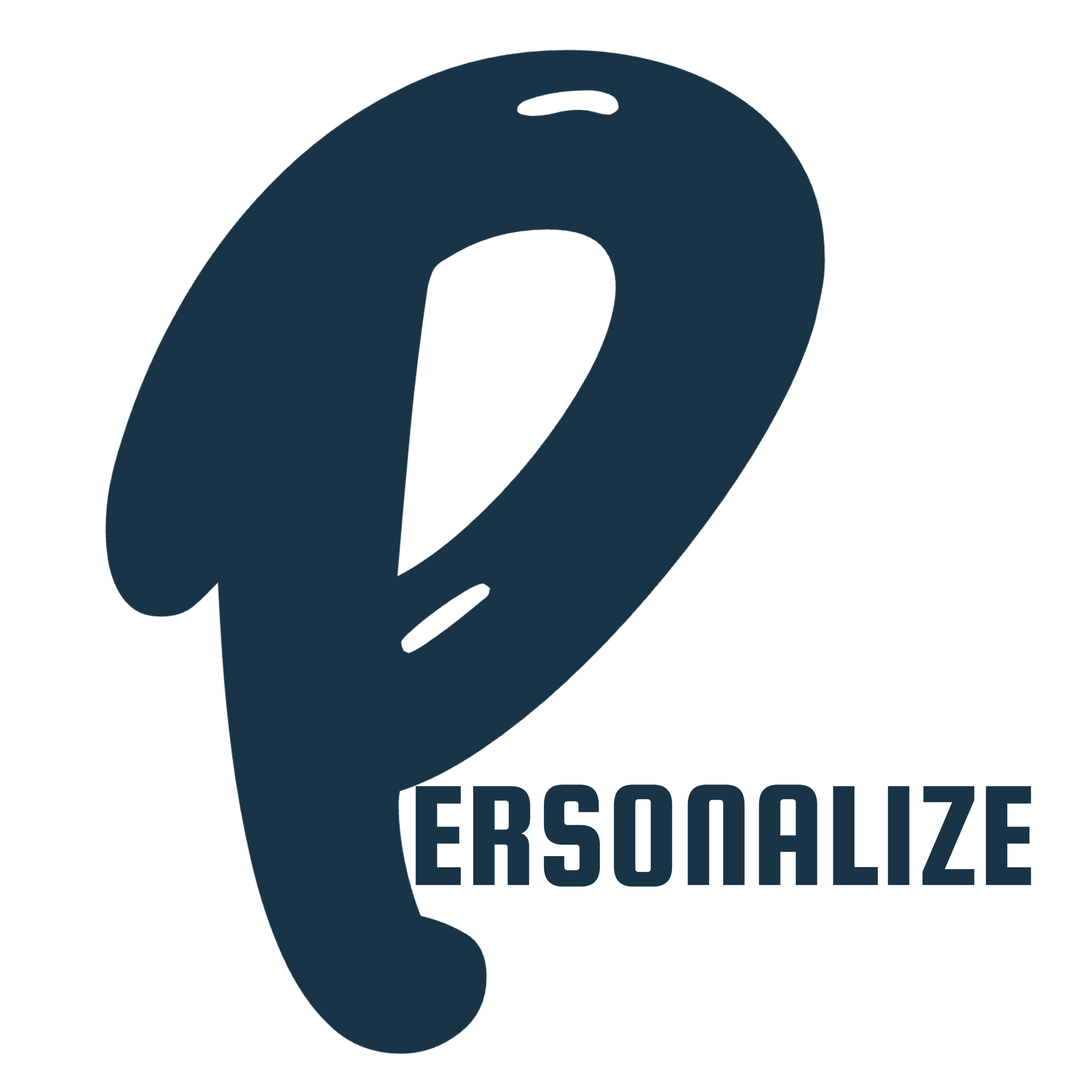 A black and white stylized flower with a heart-shaped petal and the word 'PERSONALIZE' in blue across the middle.