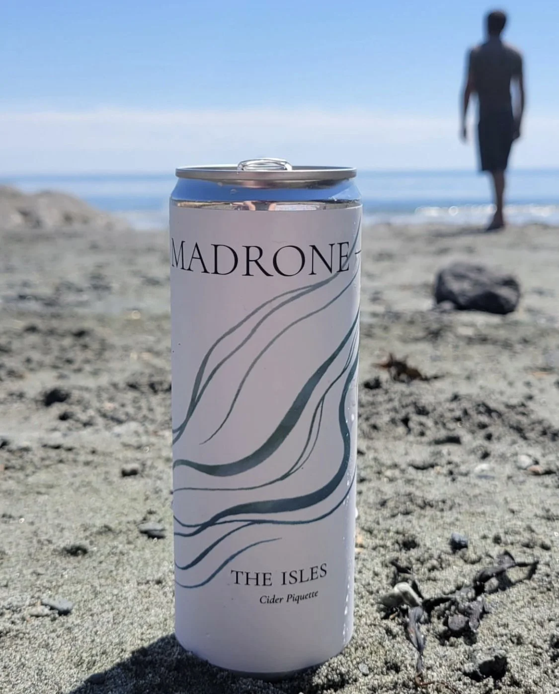 Can of Madrone Cider at the beach