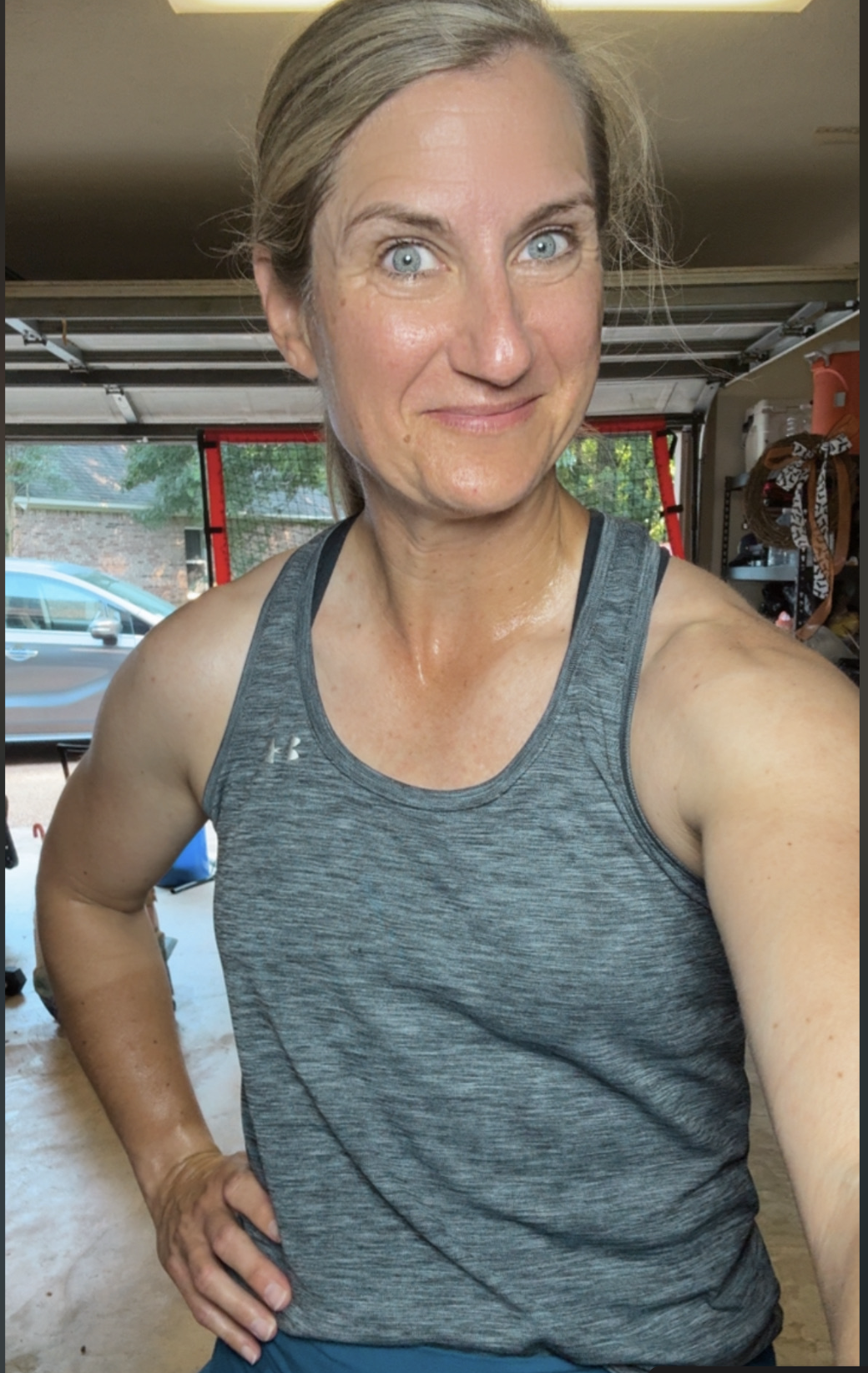 Coach Jill Murphy after a workout in her garage gym