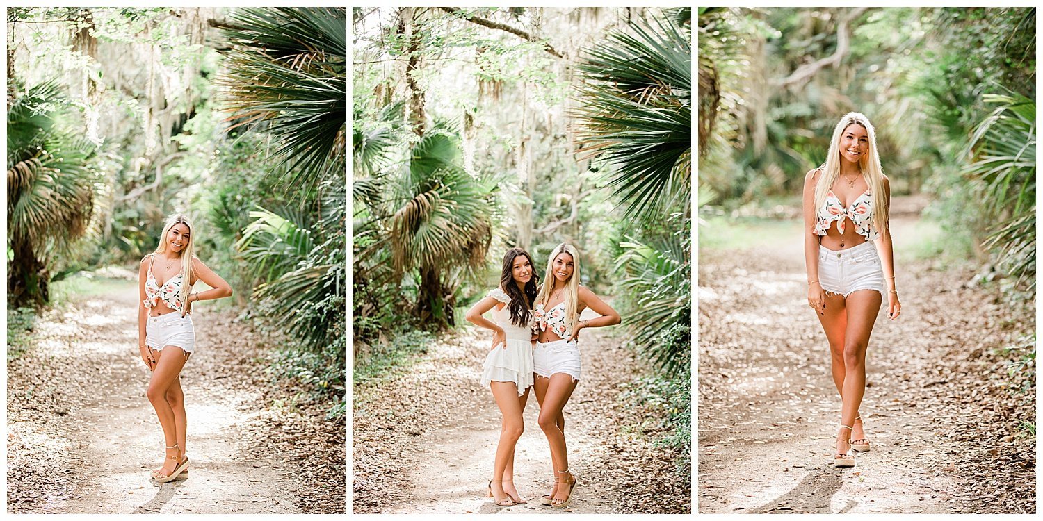 high school senior pictures with a sister in wooded area in Hanna Park