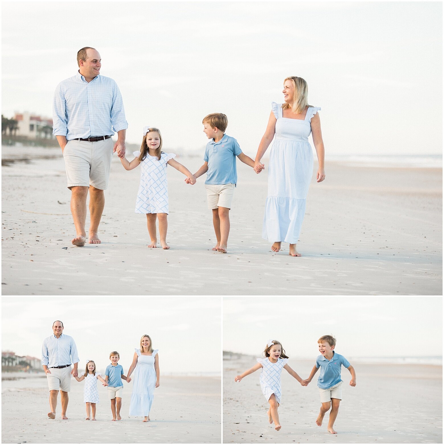 family walking at the beach in coordinated outfits - summer photo ideas at the beach