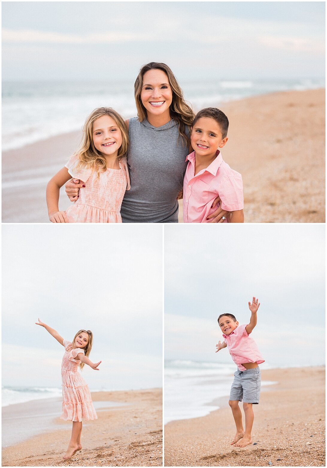 siblings posing with mom at the beach