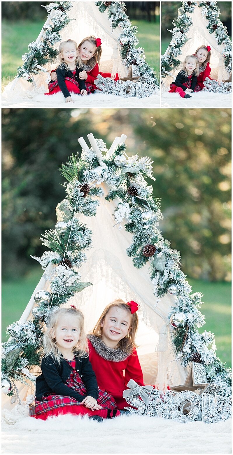 Holiday themed family photos with teepee tent and Christmas props