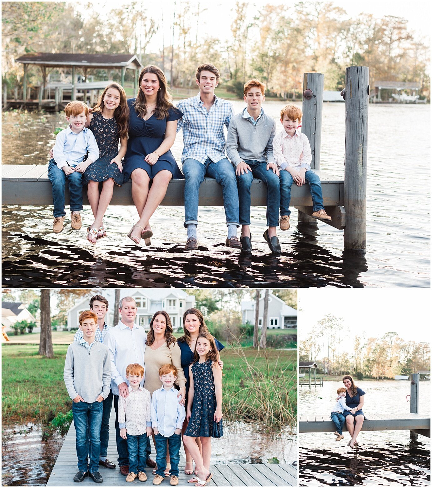 family posing by the river on a boat dock