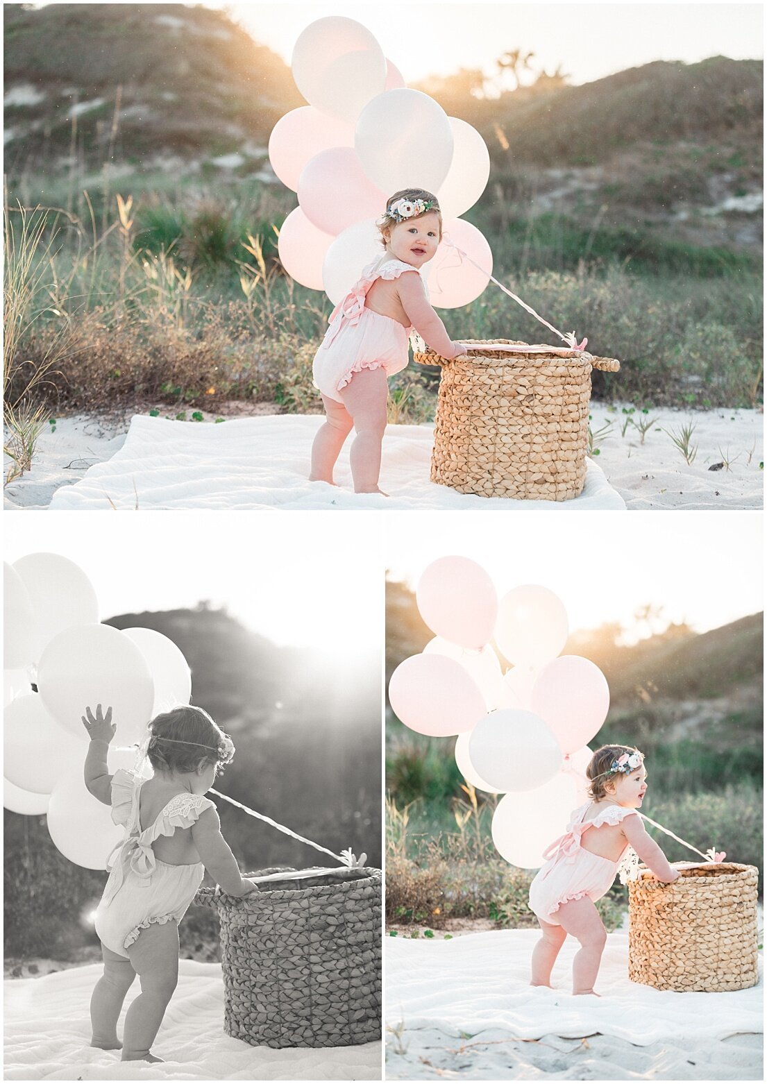 birst birthday picture ideas with balloons and a basket