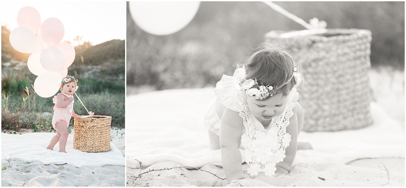 1st birthday pictures in a blush pink lace romper and floral headband