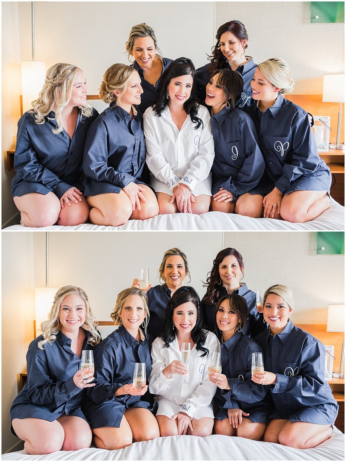 Bride and bridesmaids sitting in the bed