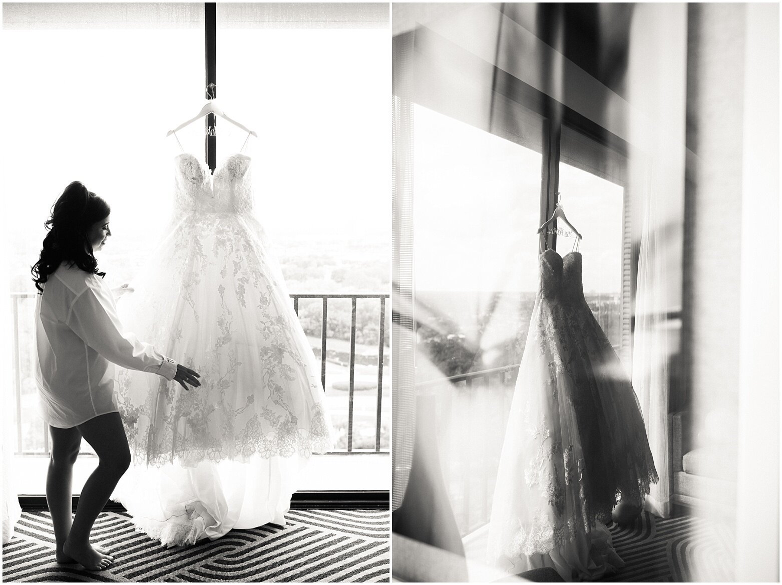 Bride admiring her beautiful wedding dress