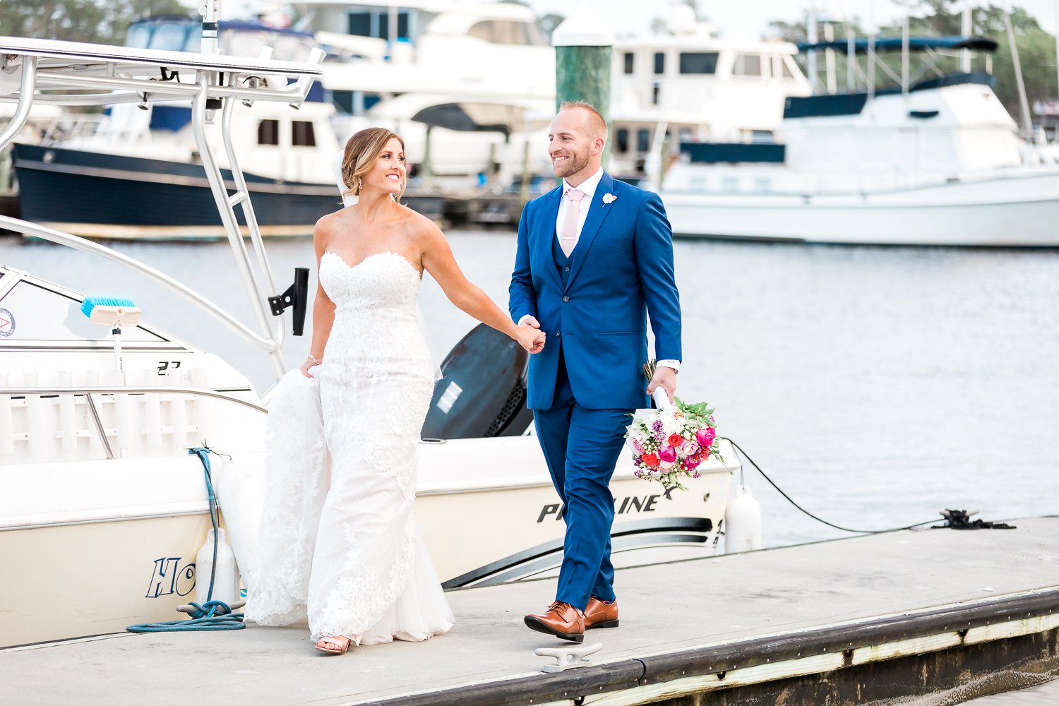 Bride and groom at the marina in Florida Yacht Club