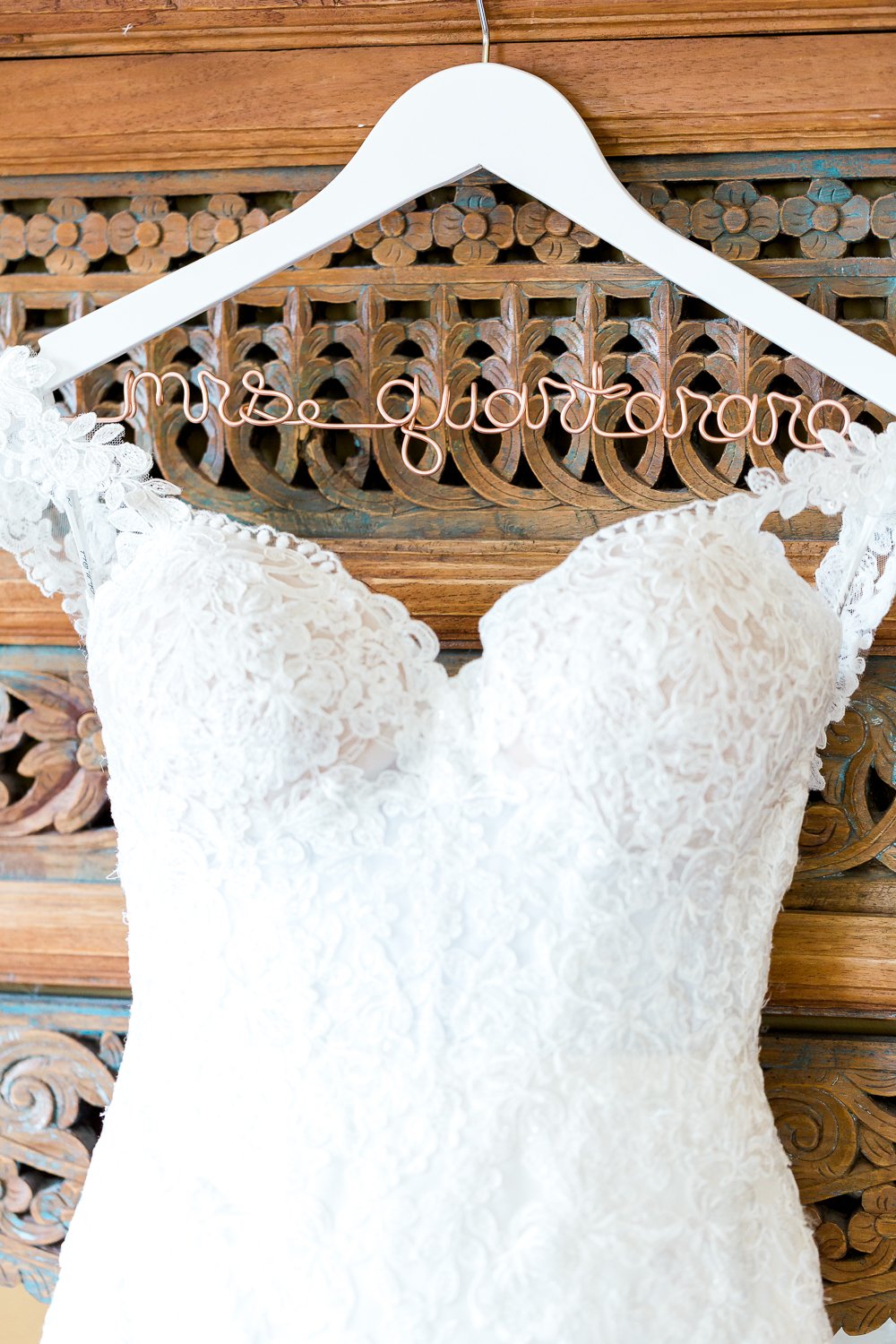 wedding dress detaisl and beautiful custom made hanger