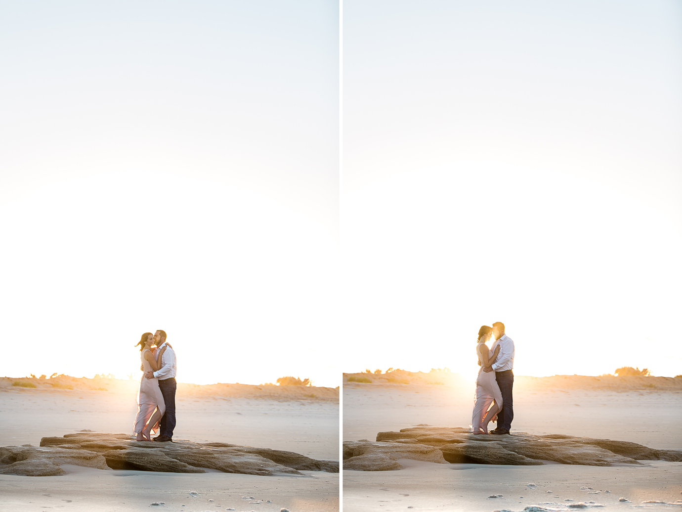 engagement pictures at sunset on the rocks at the beach