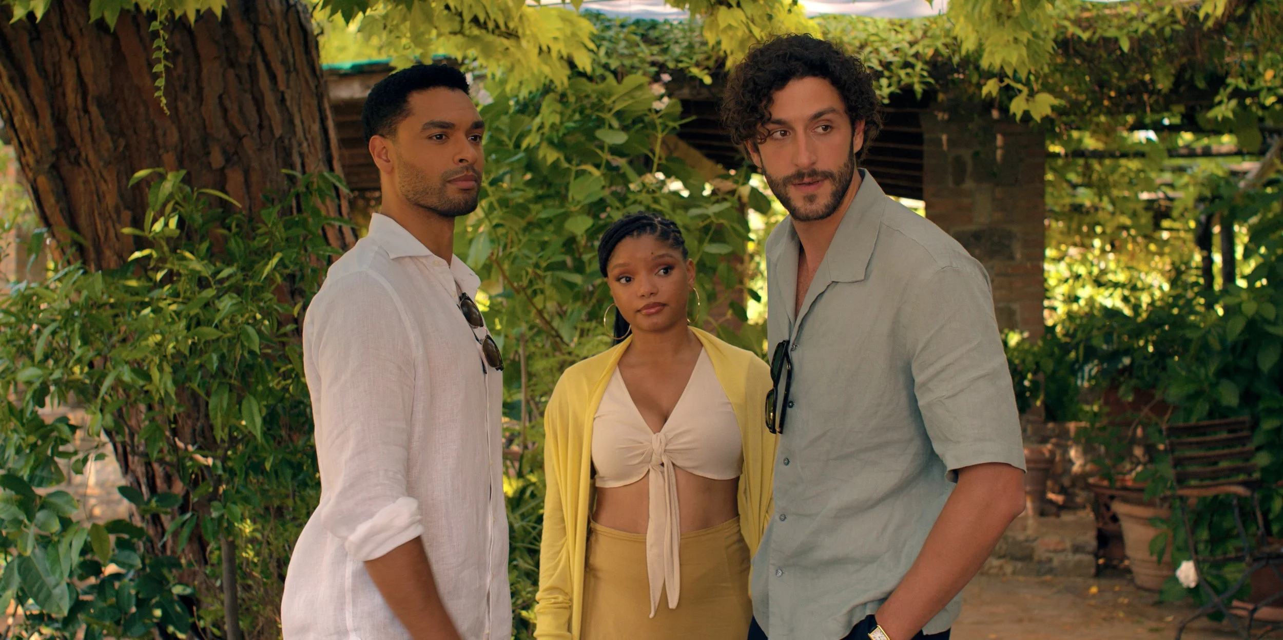 (from left) Michael (Regé-Jean Page), Anna (Halle Bailey) and Matteo (Lorenzo de Moor) in You, Me & Tuscany, directed by Kat Coiro.