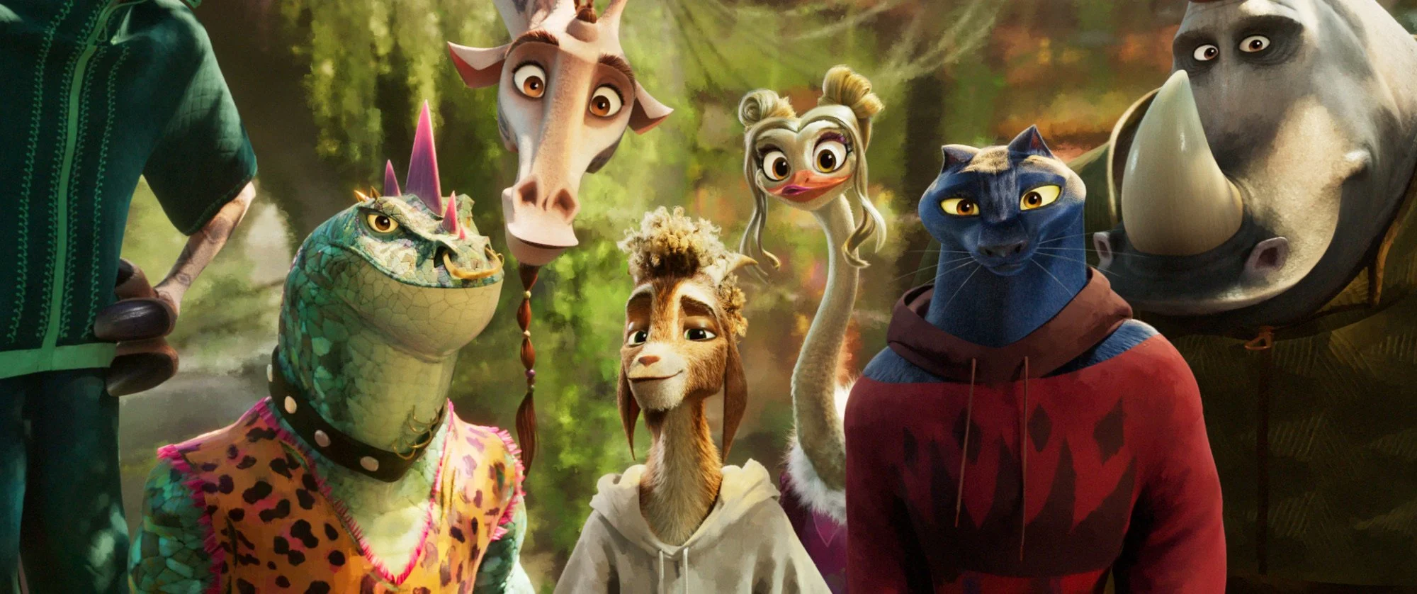 (L to R) Modo (Nick Kroll), Lenny (Stephen Curry), Will (Caleb McLaughlin), Olivia (Nicola Coughlan), Jett (Gabrielle Union) and Archie (David Harbour) in Columbia Pictures and Sony Pictures Animation's GOAT.