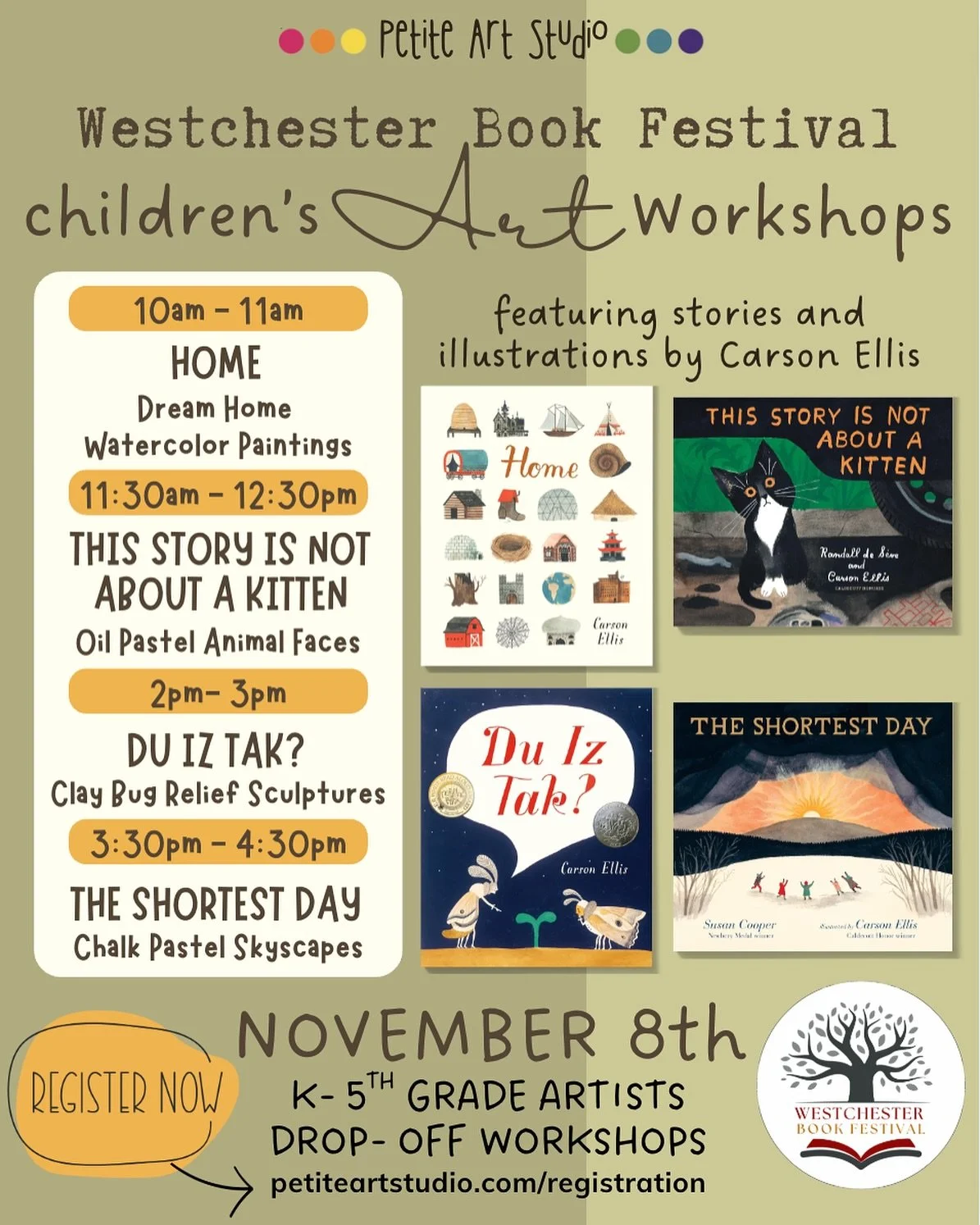 ✨Tickets are live! 🎟️

The first Annual @westchesterbookfestival is here! We are thrilled to offer Storytime Studio- a full day of children&rsquo;s art workshops at Petite!

Artists in grades K&ndash;5 are invited to the studio for hands-on art work