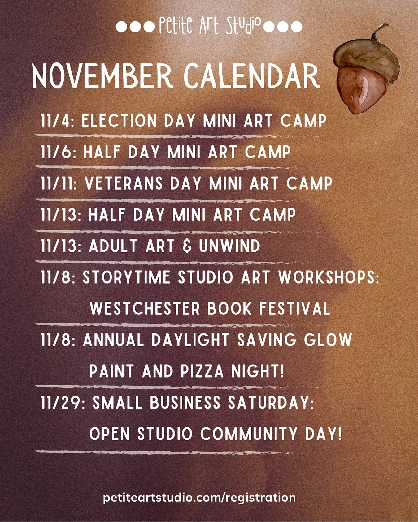 November classes at the studio 🍂🍃🍁

Register in advance at PetiteArtStudio.com/registration or visit the link in our bio. 

#petiteartstudio #westchesterkids #katonah #katonahmoms #lewisboro #southsalemny #goldensbridgeny #bedfordny #poundridgeny 