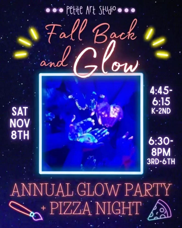 As the days grow shorter and the nights stretch longer, join us as we embrace the changes that come with the season! 🌙
Art + Pizza await at our Annual Glow Party on Saturday, November 8th. Register in advance at petiteartstudio.com/registration
#p