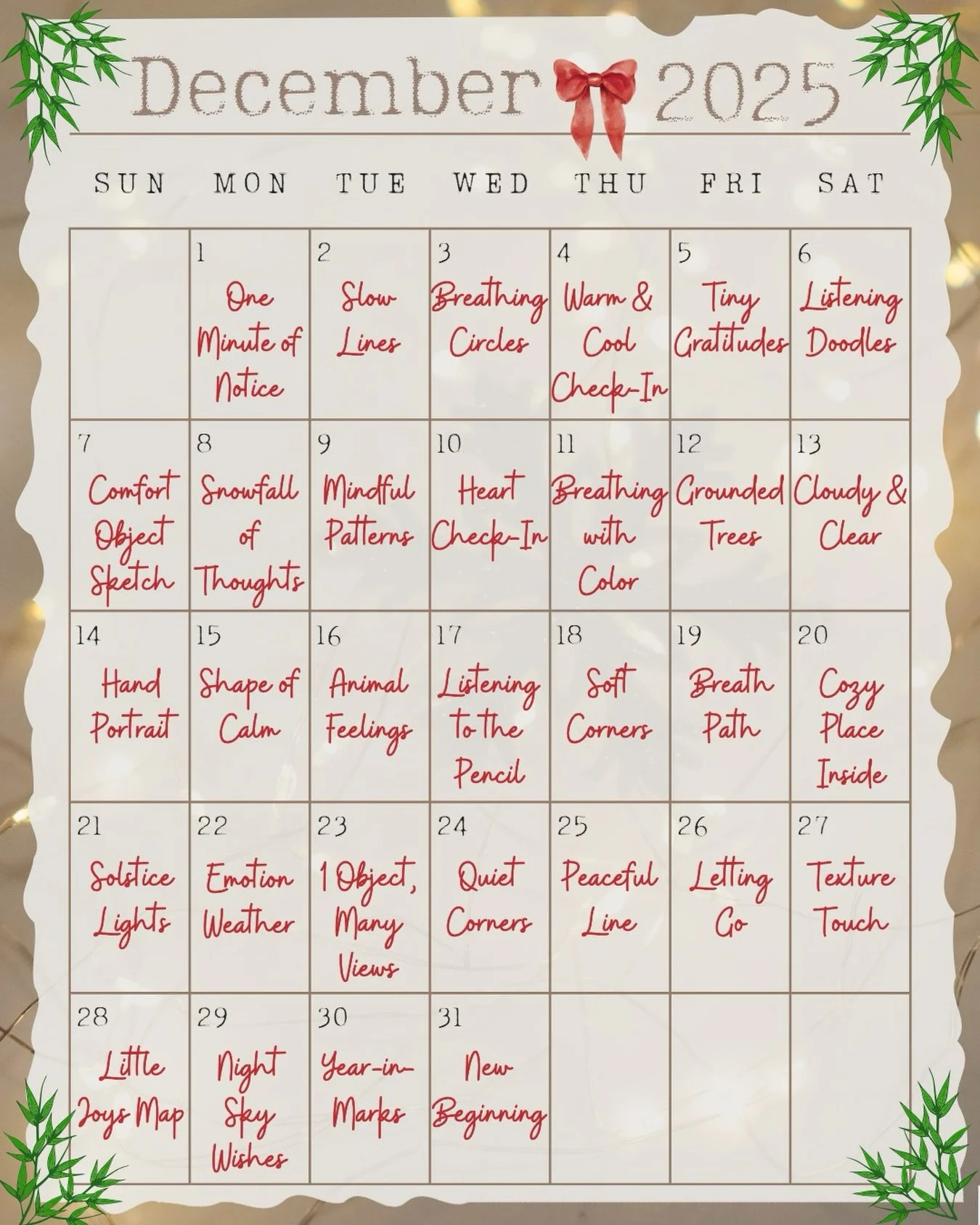 ❄️December invitations to slow down and create. Use this calendar as a gentle nudge to create by yourself, with a friend, or with the little artists in your life.
No perfection needed.
And if you want to share your creative moments, tag us and #Petit