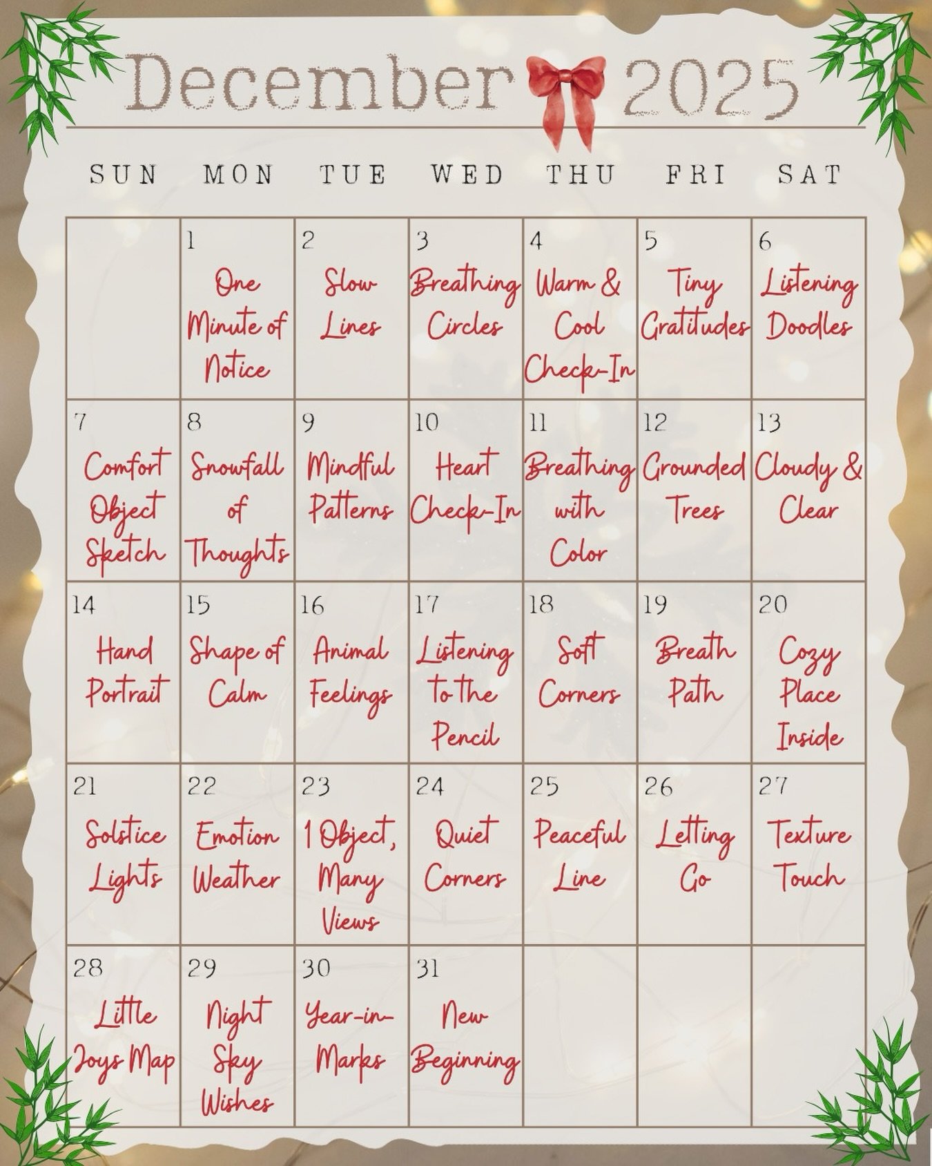 ❄️December invitations to slow down and create. Use this calendar as a gentle nudge to create by yourself, with a friend, or with the little artists in your life.
No perfection needed.
And if you want to share your creative moments, tag us and #Petit