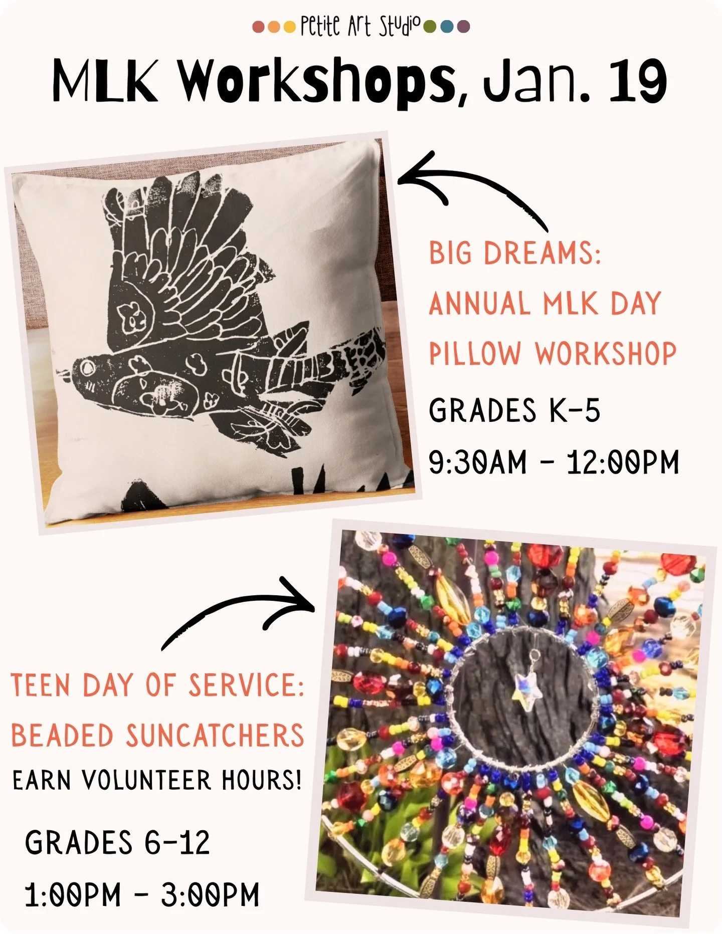 Looking for a meaningful way for your child to spend MLK Day? 🤍
We&rsquo;d love to welcome them to Petite for a studio day centered on reflection and community. 

Grades K&ndash;5 (Morning)
💭Big Dreams Pillow-Making Workshop: artists imagine and cr