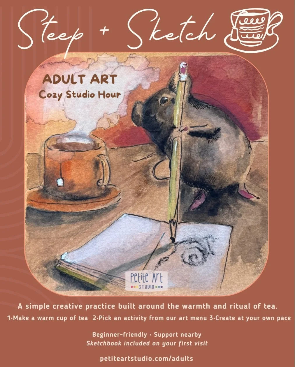 Have you seen our new adult art session, Steep &amp; Sketch?
If you&rsquo;d enjoy a cozy sketchbook session at Petite, join us on select Thursday evenings. ☕️✍️

Experiment and play with a wide variety of art materials as you nurture your creative pr