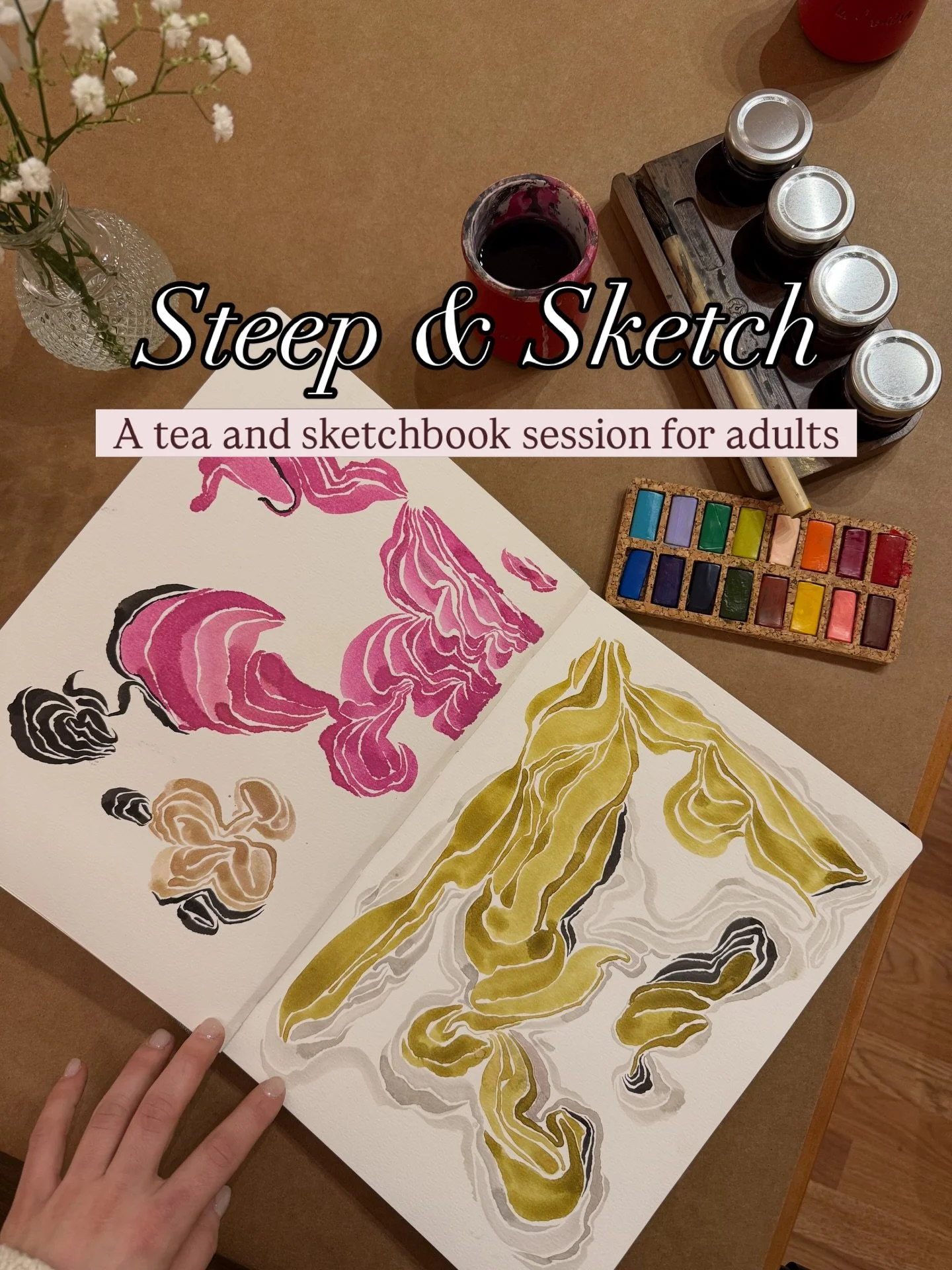 A peek into our Adult Steep &amp; Sketch studio session! On select Thursdays, we set out a buffet of art materials, prompts, and skill builders for adults of all artistic levels. If you&rsquo;re looking for a calm studio session, join us on April 9th